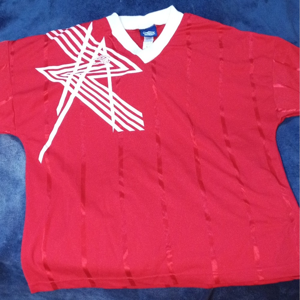 VTG 90s Umbro Soccer Jersey Mens Large V-Neck Short Sleeve Red White USA Made